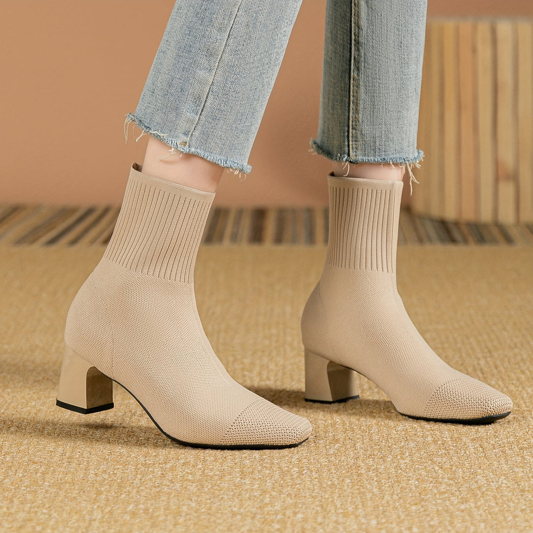 Women's beige knit sock ankle boots with jeans