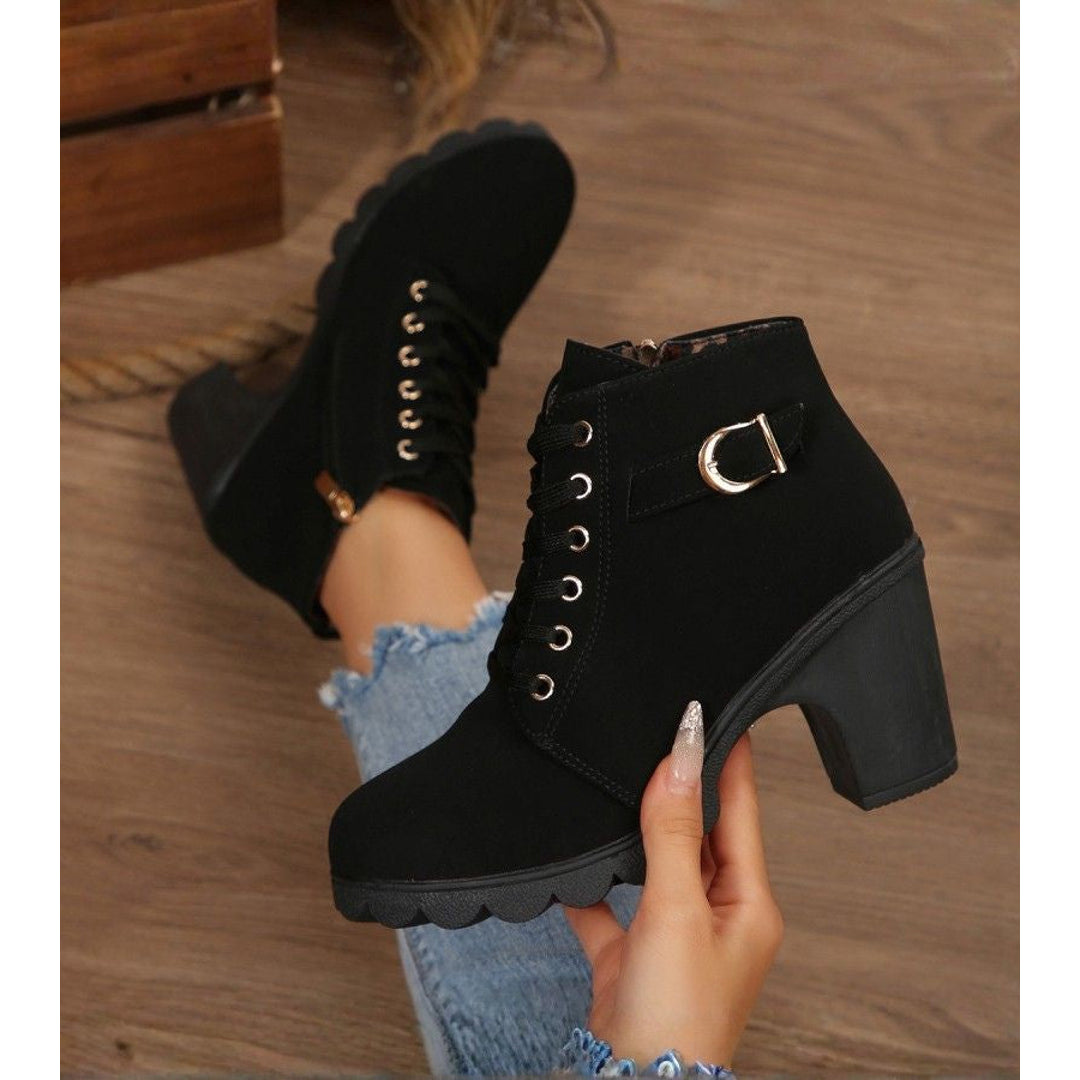 Women's black lace-up block heel ankle boots with buckle