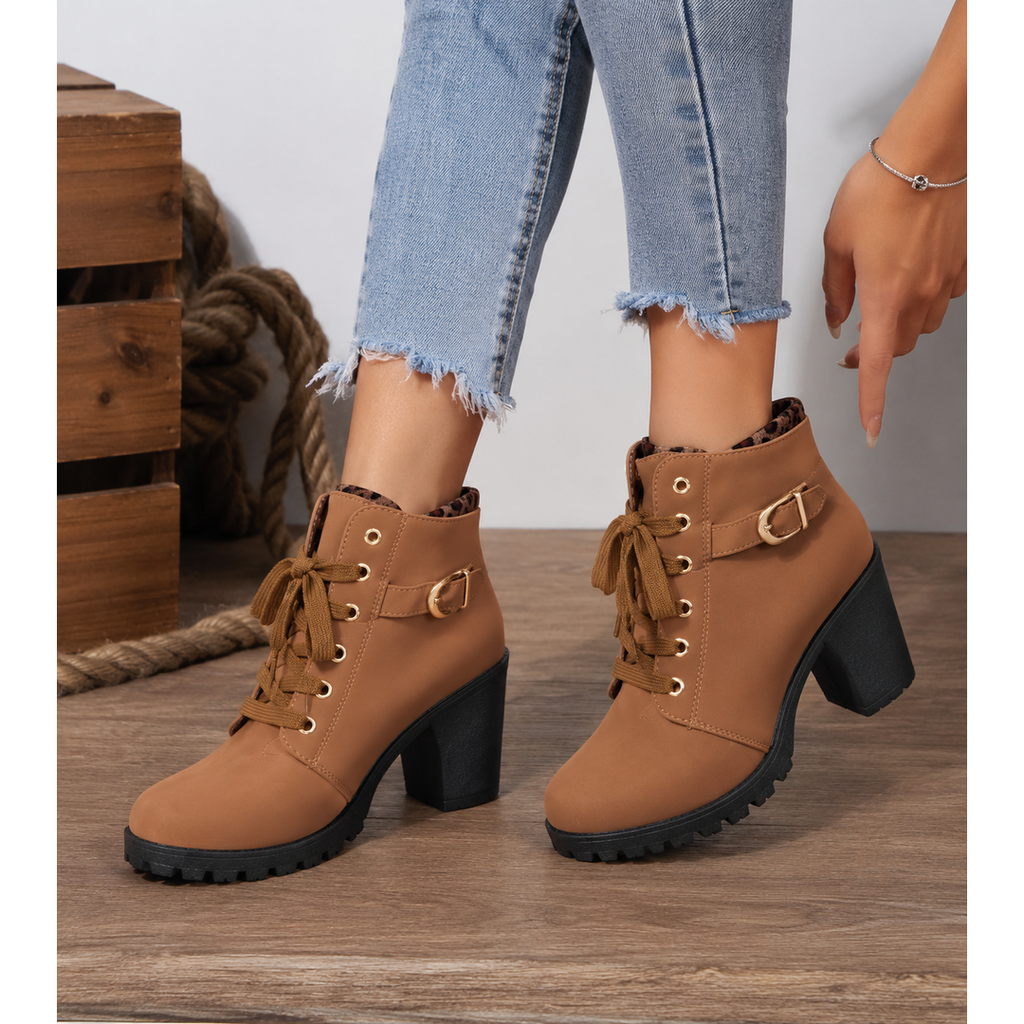Women's brown block heel ankle boots