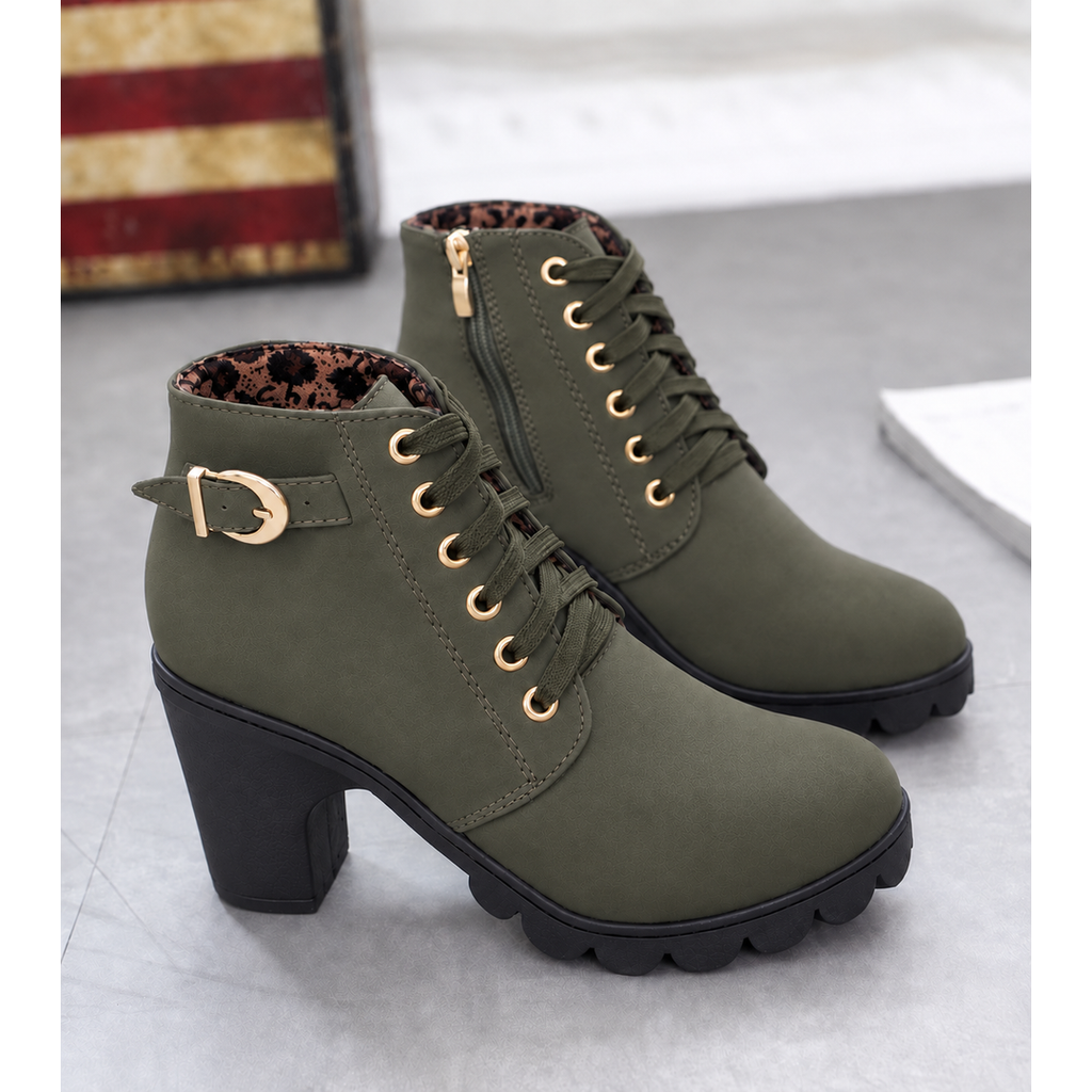 Women's army green lace-up ankle boots with buckle