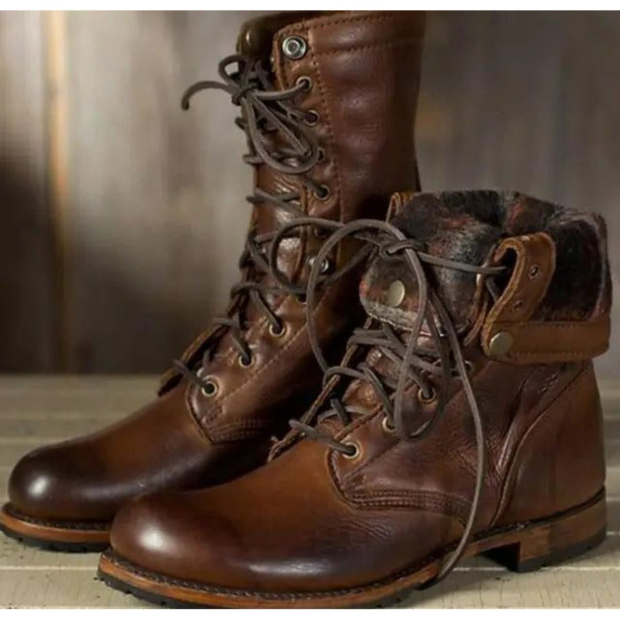 Women's Lace-Up Mid-Calf Combat Boots with Fold-Down Collar for Autumn Days