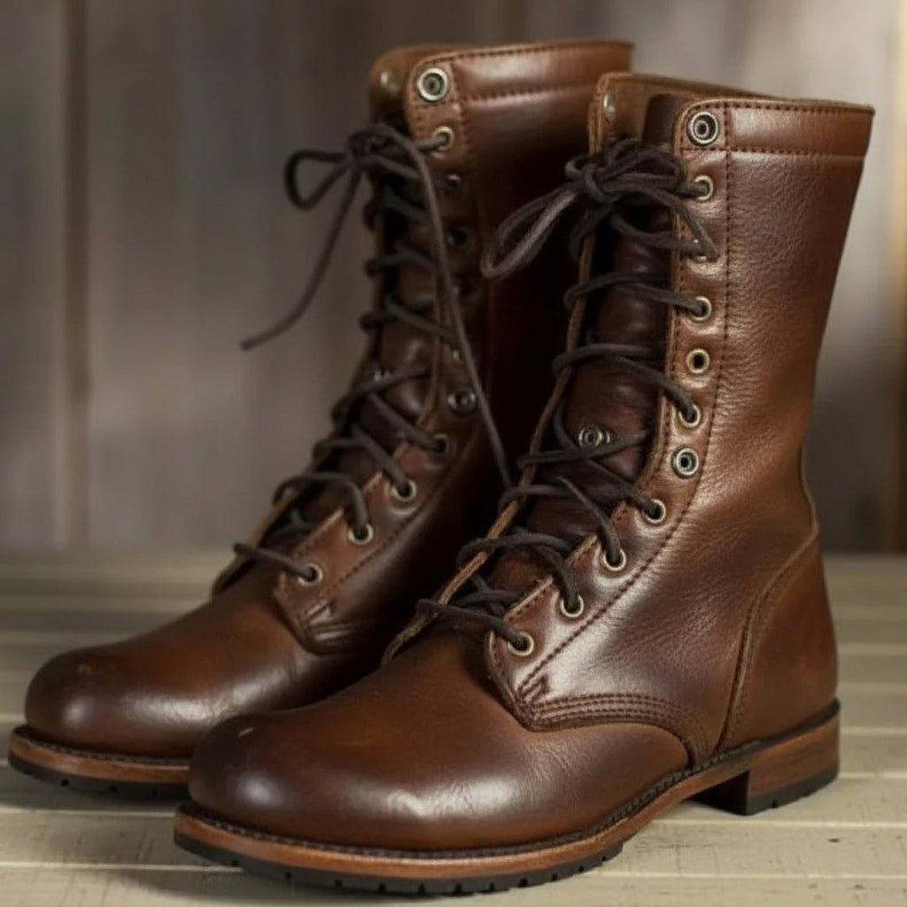 Pair of women's brown mid-calf combat boots