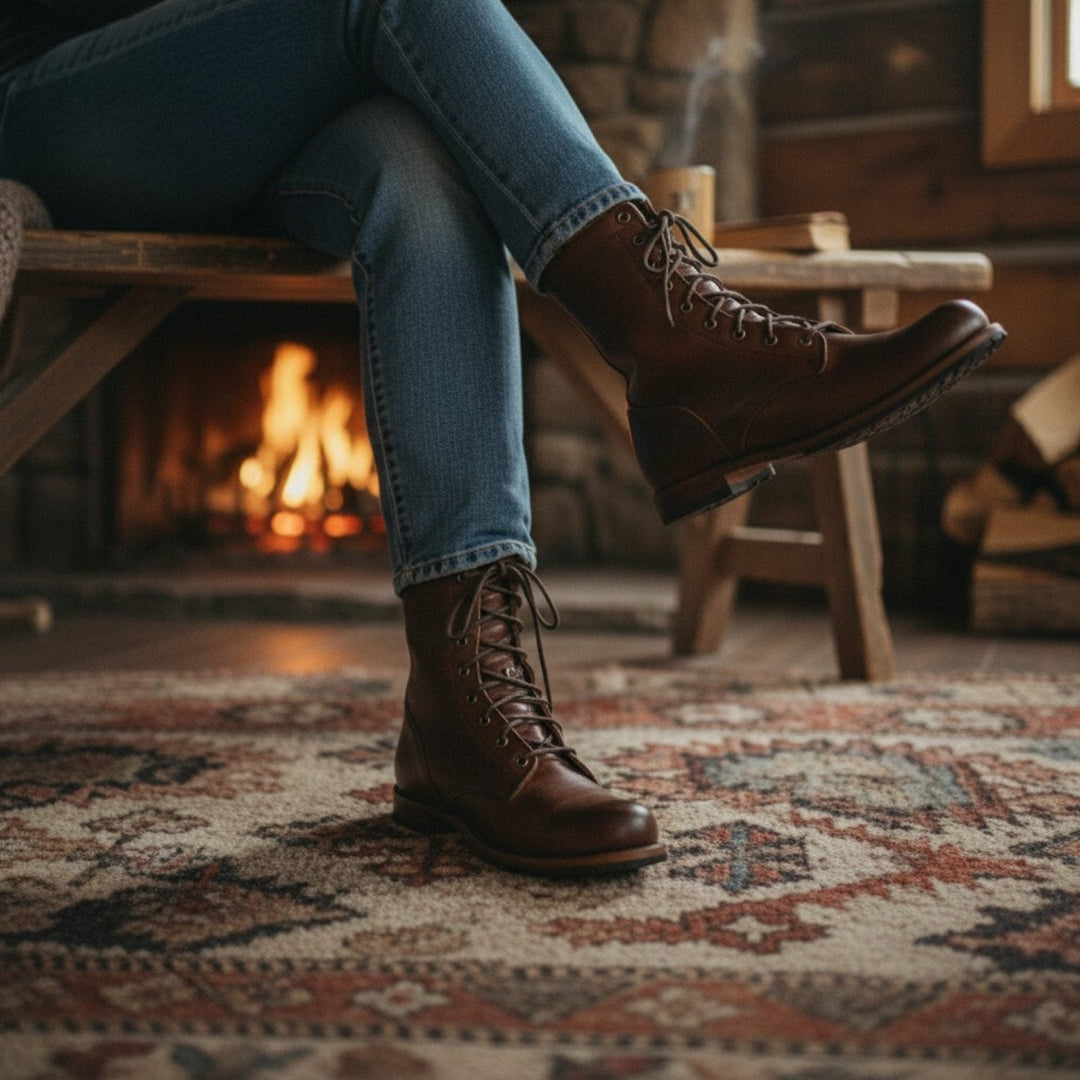 Woman wearing brown combat boots by the fire
