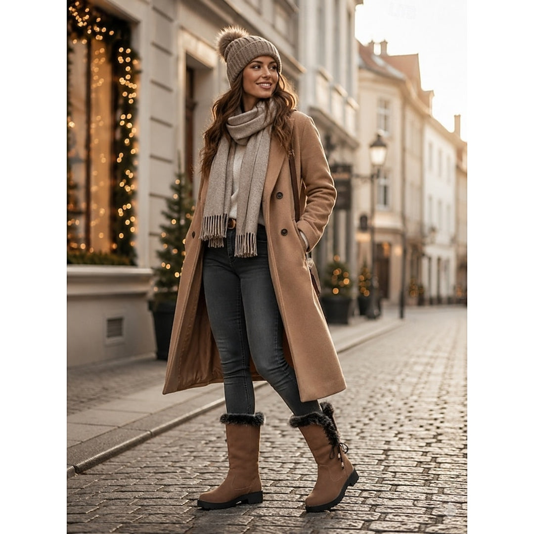 Woman in a long coat wearing camel winter boots