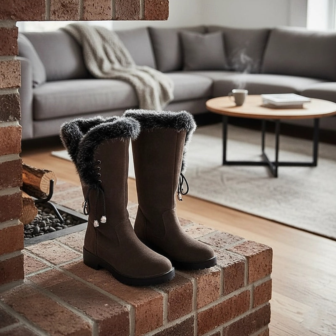 Women's dark brown winter boots with fluffy cuff