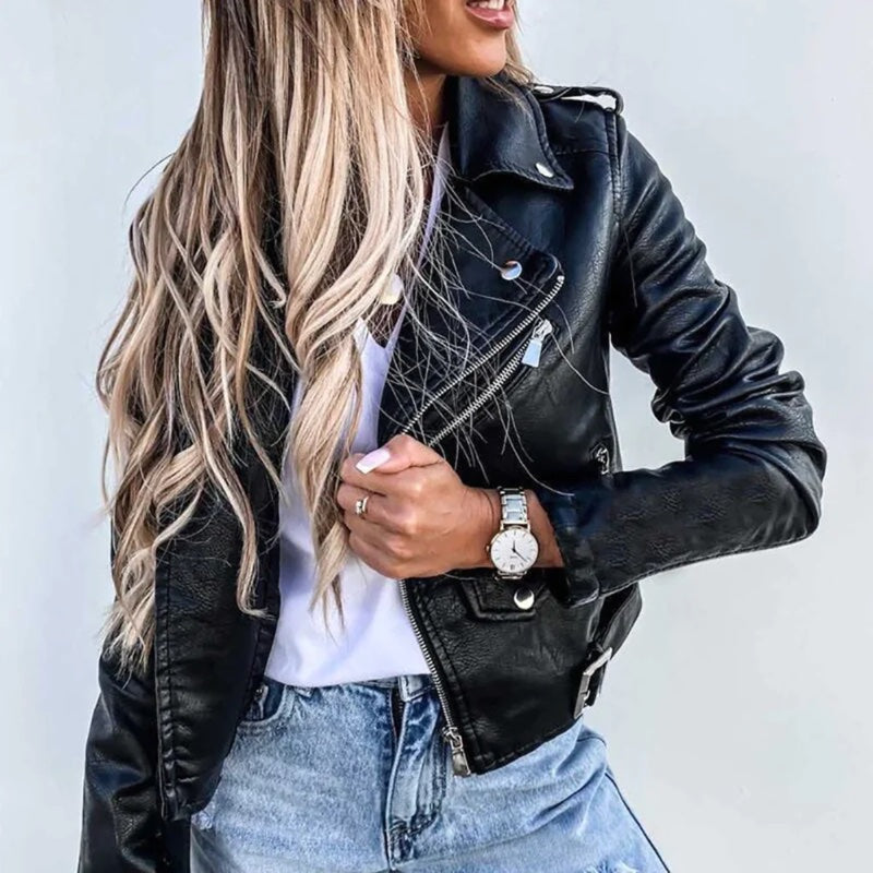 Women's leather-look biker jacket in black