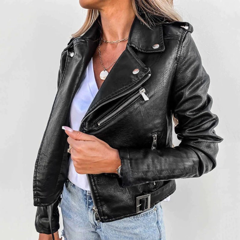 Women's leather-look biker jacket in black, front view
