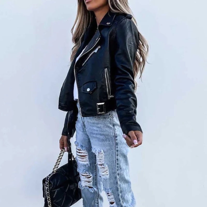 Women's leather-look biker jacket in black, side view