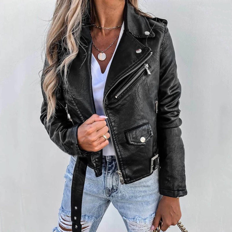 Women's leather-look biker jacket in black, showing the belted hem