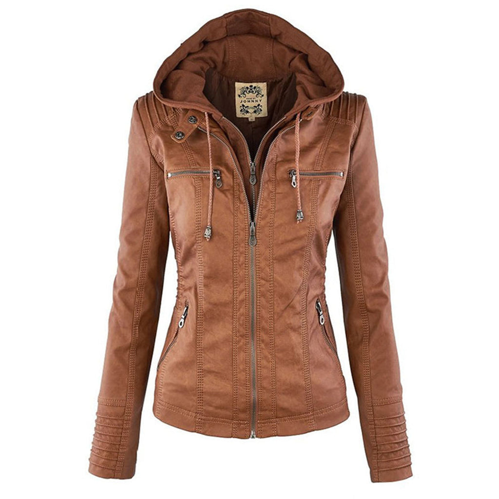Women's camel leather-look jacket with detachable hood