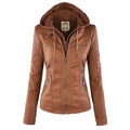 Women's camel leather-look jacket with detachable hood