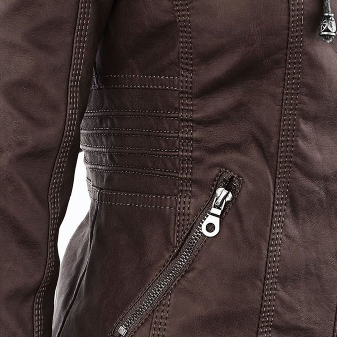 Close-up of the zip pocket on the brown jacket
