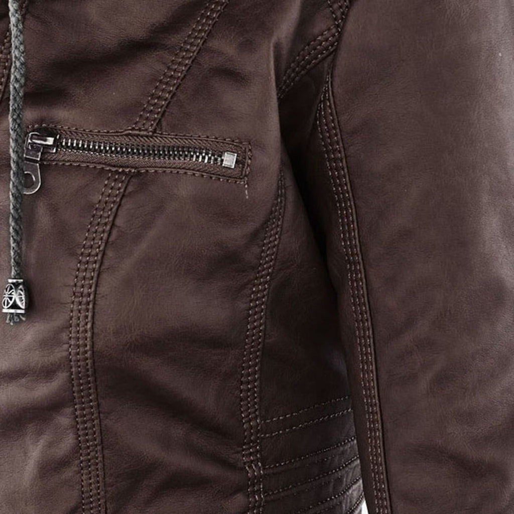 Close-up of the stitching on the brown jacket