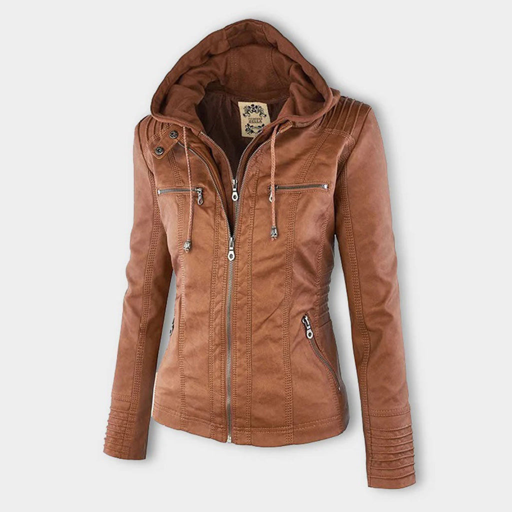 Women's camel hooded leather-look jacket – front view