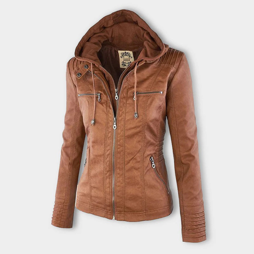 Women's camel hooded leather-look jacket – front view