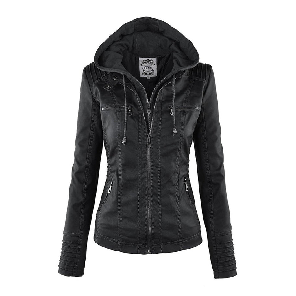 Women's black leather-look jacket with hood