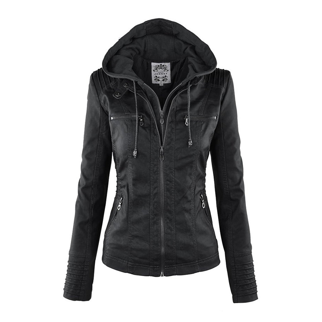 Women's black leather-look jacket with hood