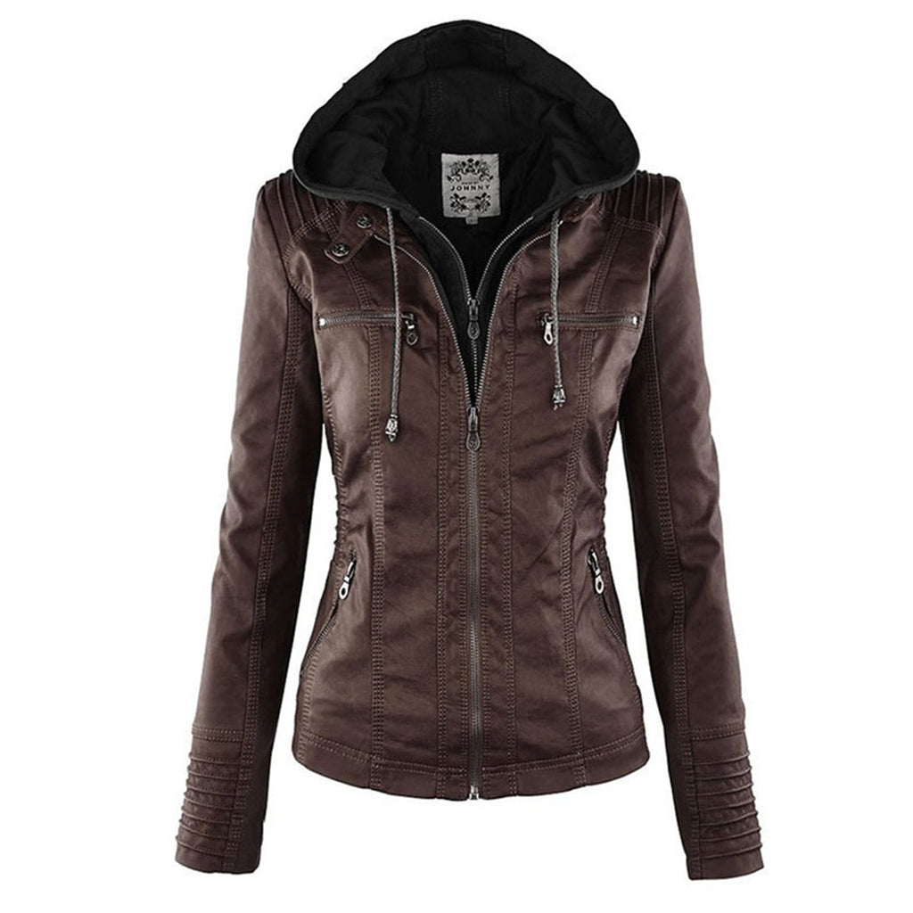 Women's brown leather-look hooded jacket