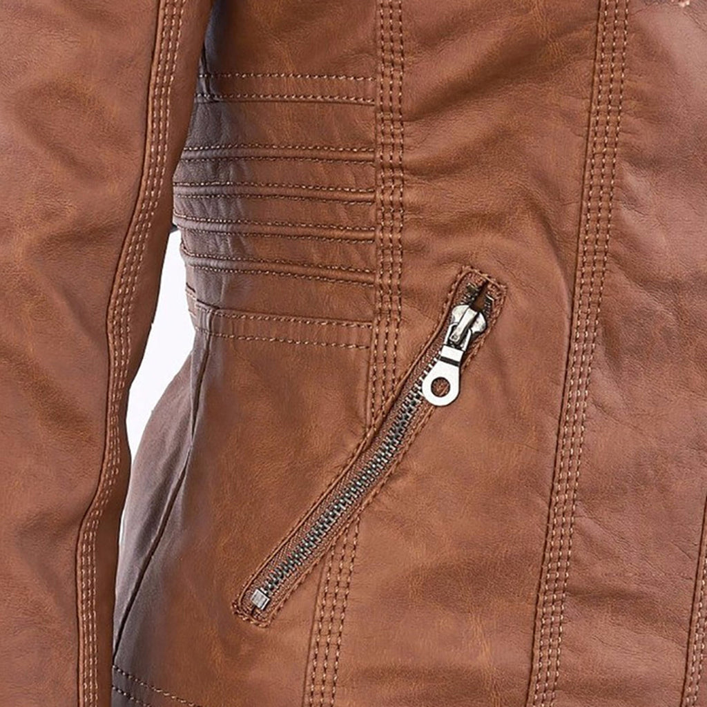 Close-up of the zip pocket on the camel jacket
