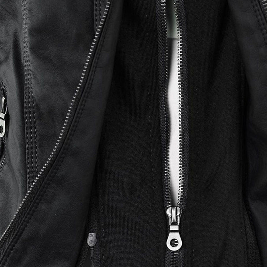 Close-up of the zip on the black jacket