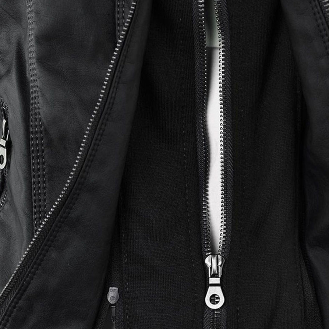 Close-up of the zip on the black jacket