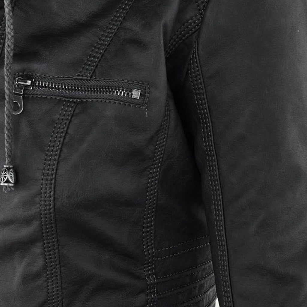 Close-up of the stitched panel on the black jacket