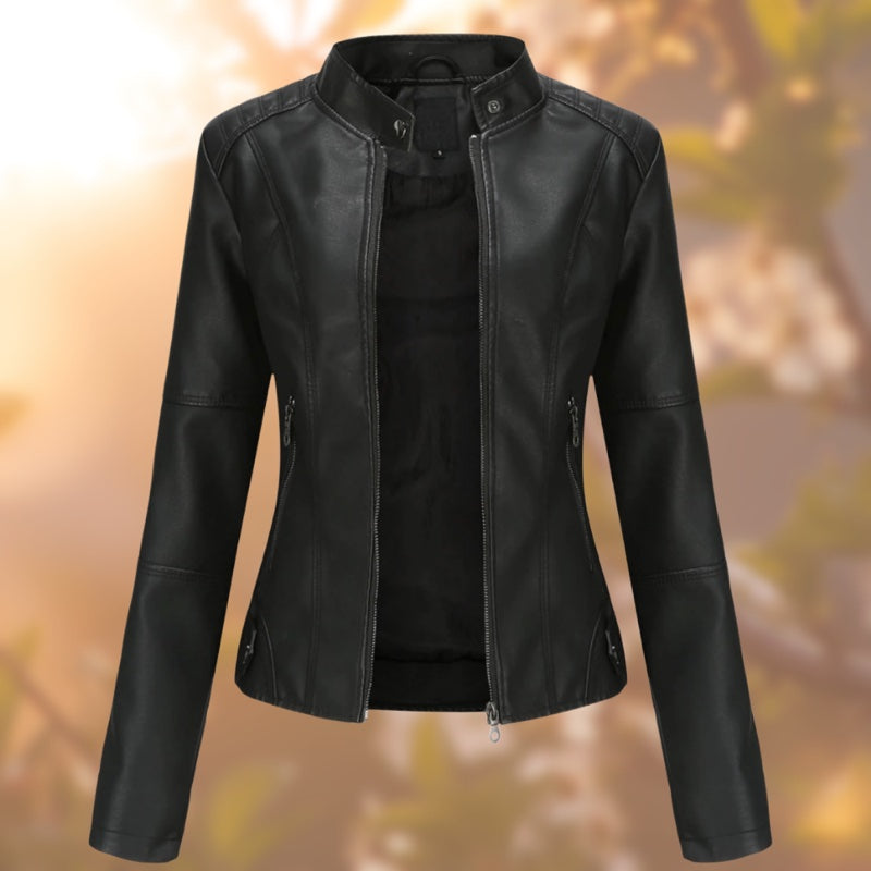 Women's Leather-Look Jacket with Stand Collar and Zip Pockets for Everyday Wear