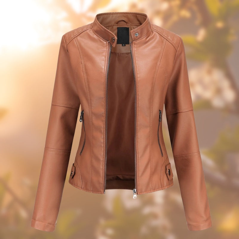 Women's leather-look jacket with stand collar in light brown