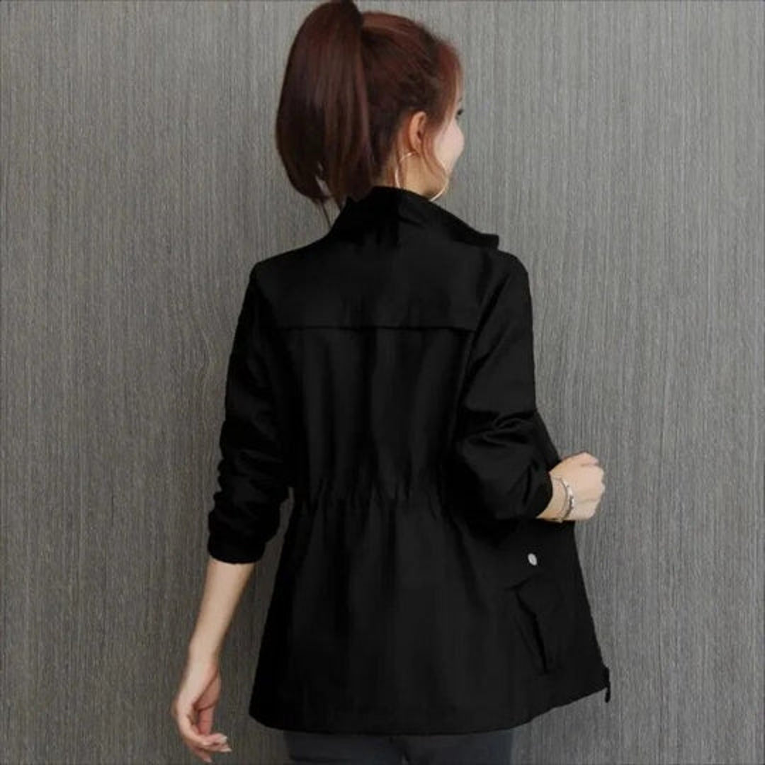 Women's black cinched waist jacket – back view