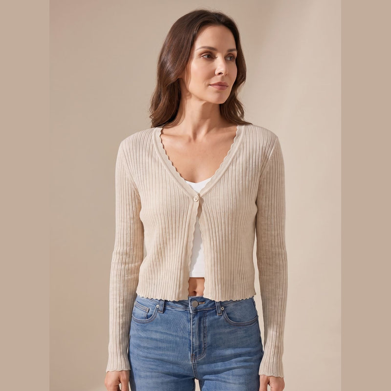 Women's lightweight cropped knit cardigan in beige