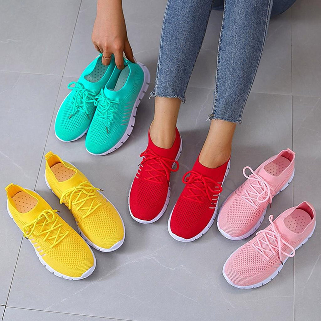 Knit sneakers in turquoise, yellow, red and pink