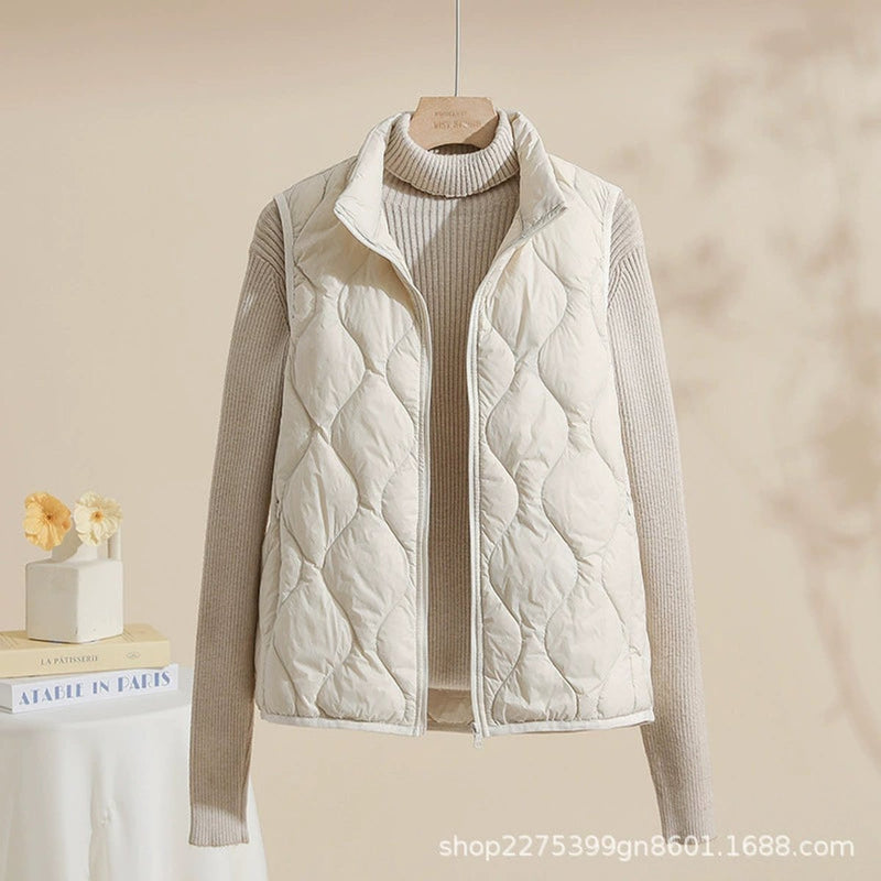 Women's lightweight quilted vest with stand collar in cream
