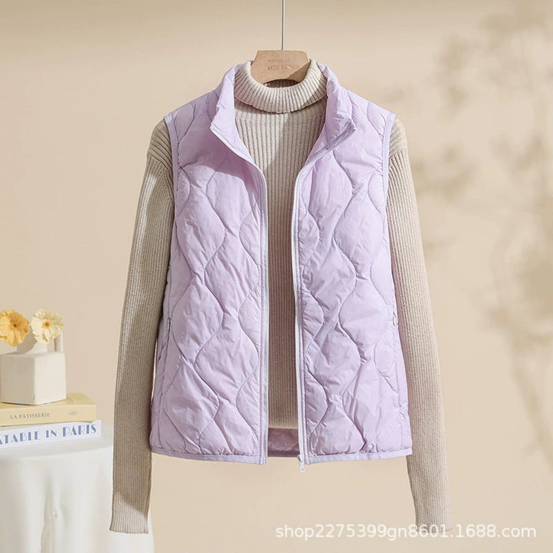 Women's lightweight quilted vest with stand collar in lilac