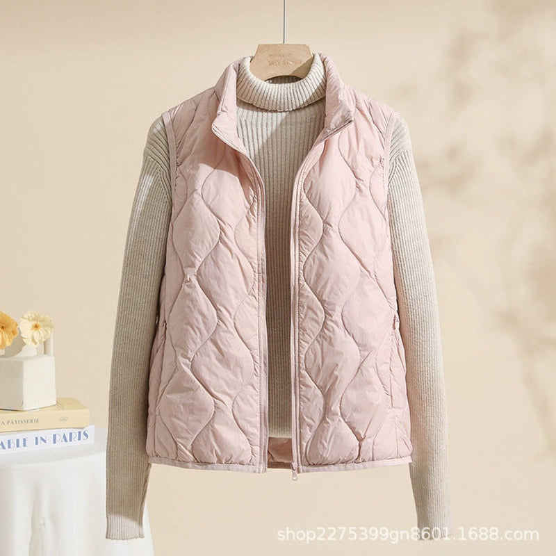 Women's lightweight quilted vest with stand collar in pink