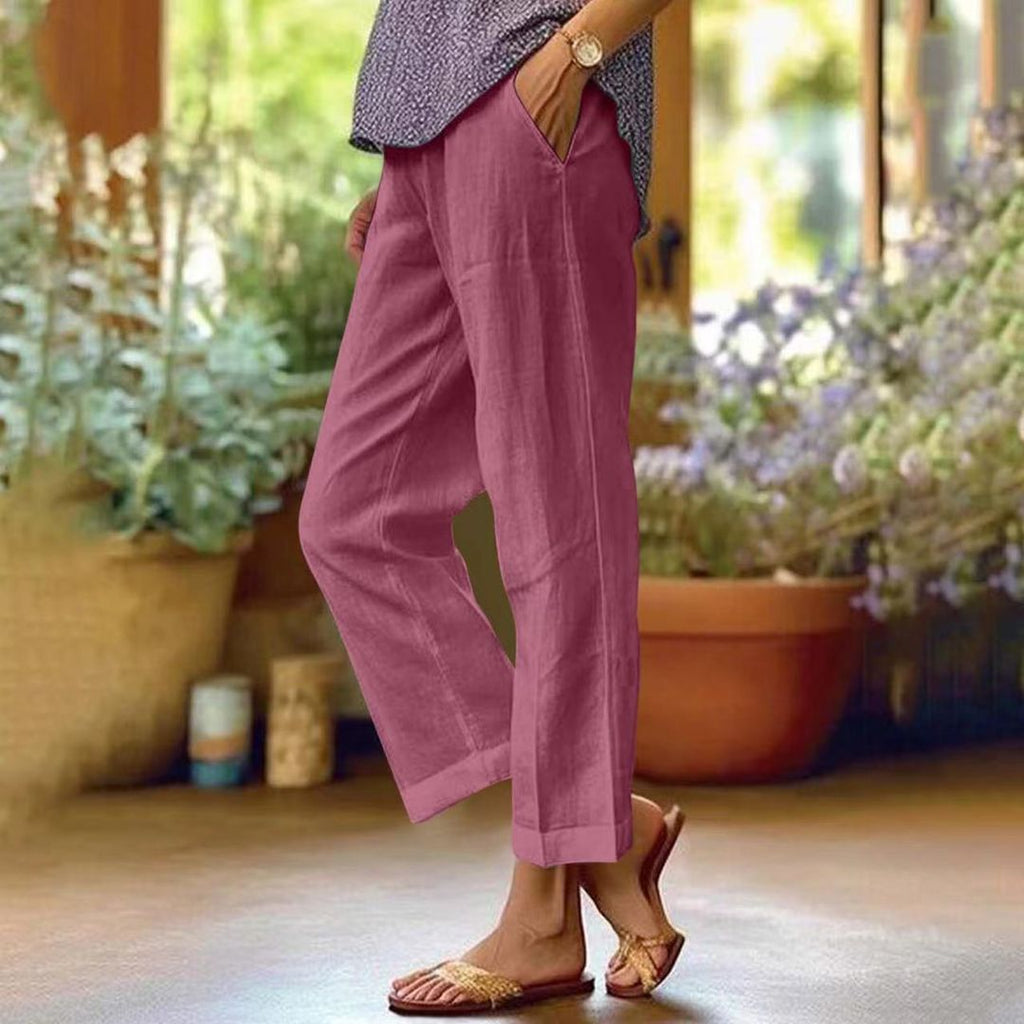 Women's lightweight straight leg trousers in raspberry