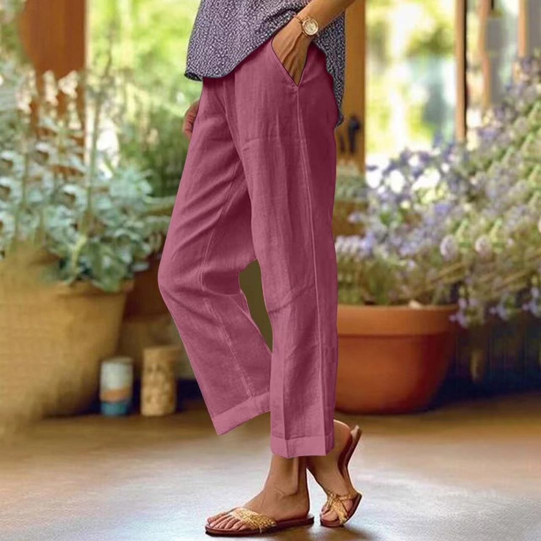 Women's lightweight straight leg trousers in raspberry