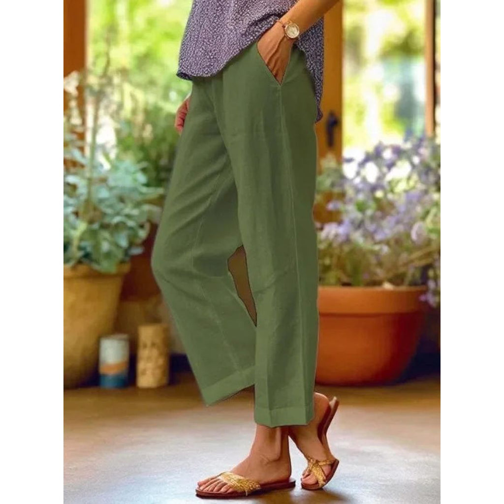 Women's lightweight straight leg trousers in olive green