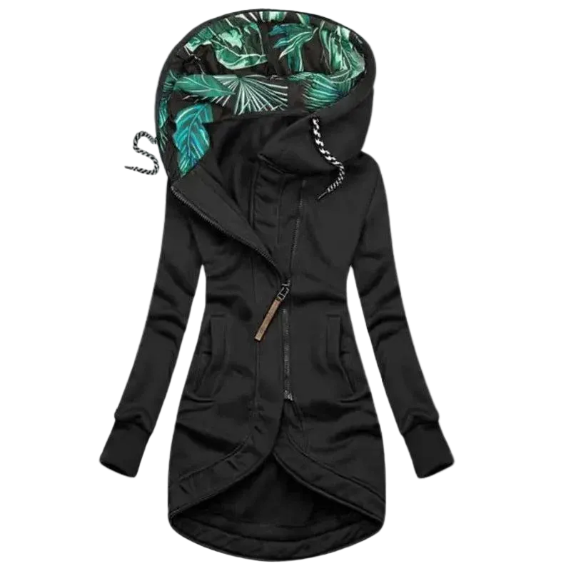 Women's Long Hooded Jacket with Asymmetric Zip for Autumn Days