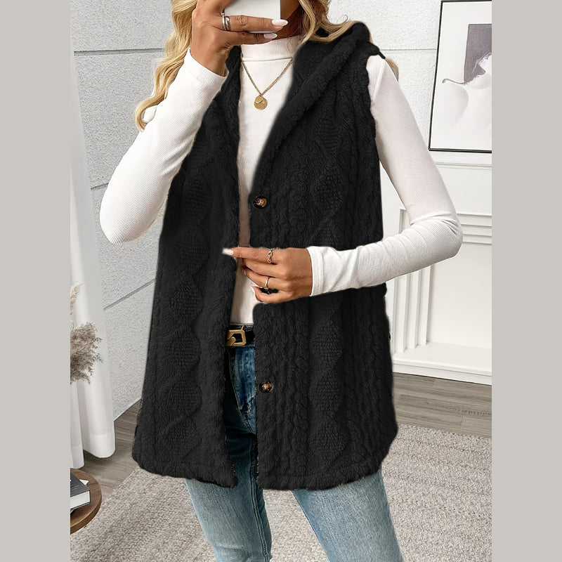 Women's Long Hooded Knit Vest with Button Front for Layering