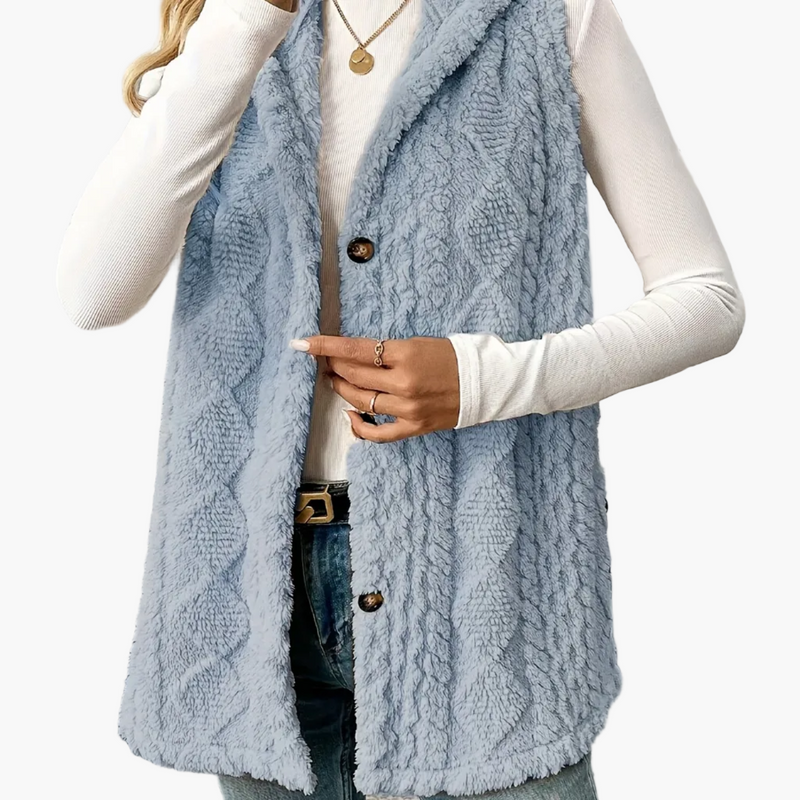 Women's long hooded knit vest in light blue – front view