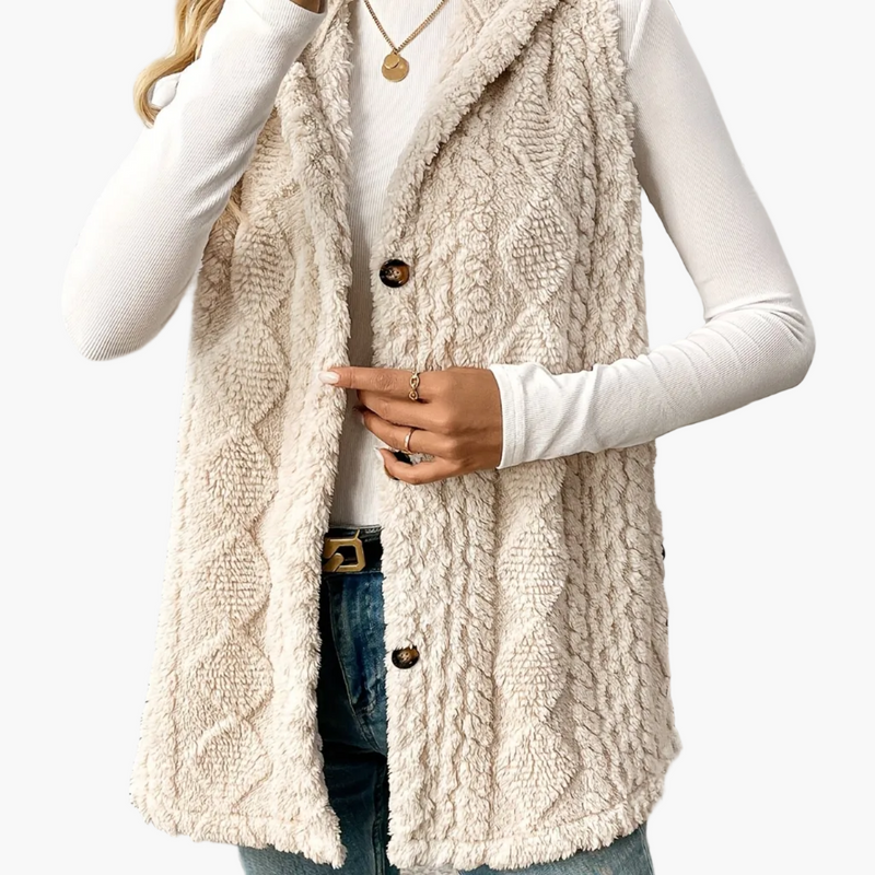 Women's long hooded knit vest in beige – front view