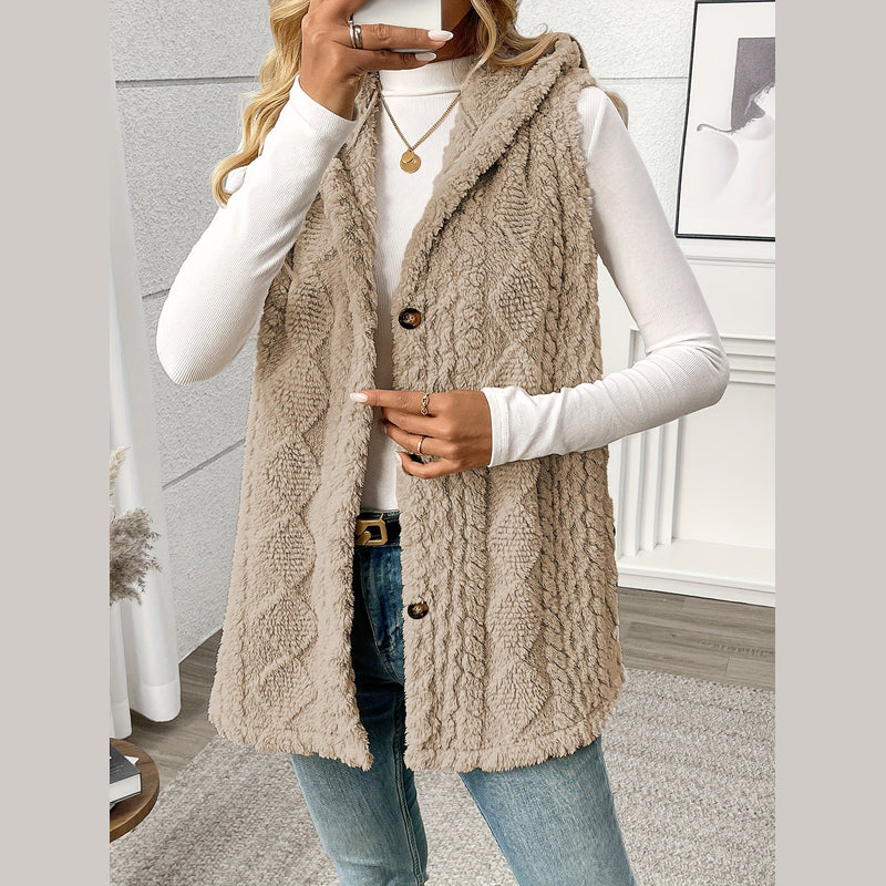 Women's long hooded knit vest in khaki