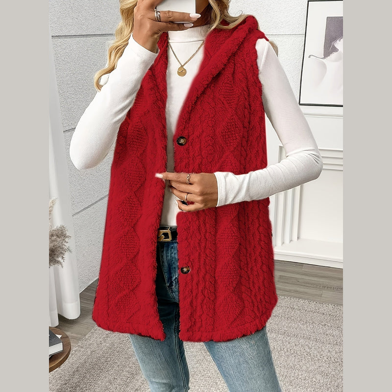 Women's long hooded knit vest in red