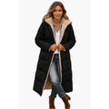 Woman wearing a black long hooded puffer coat