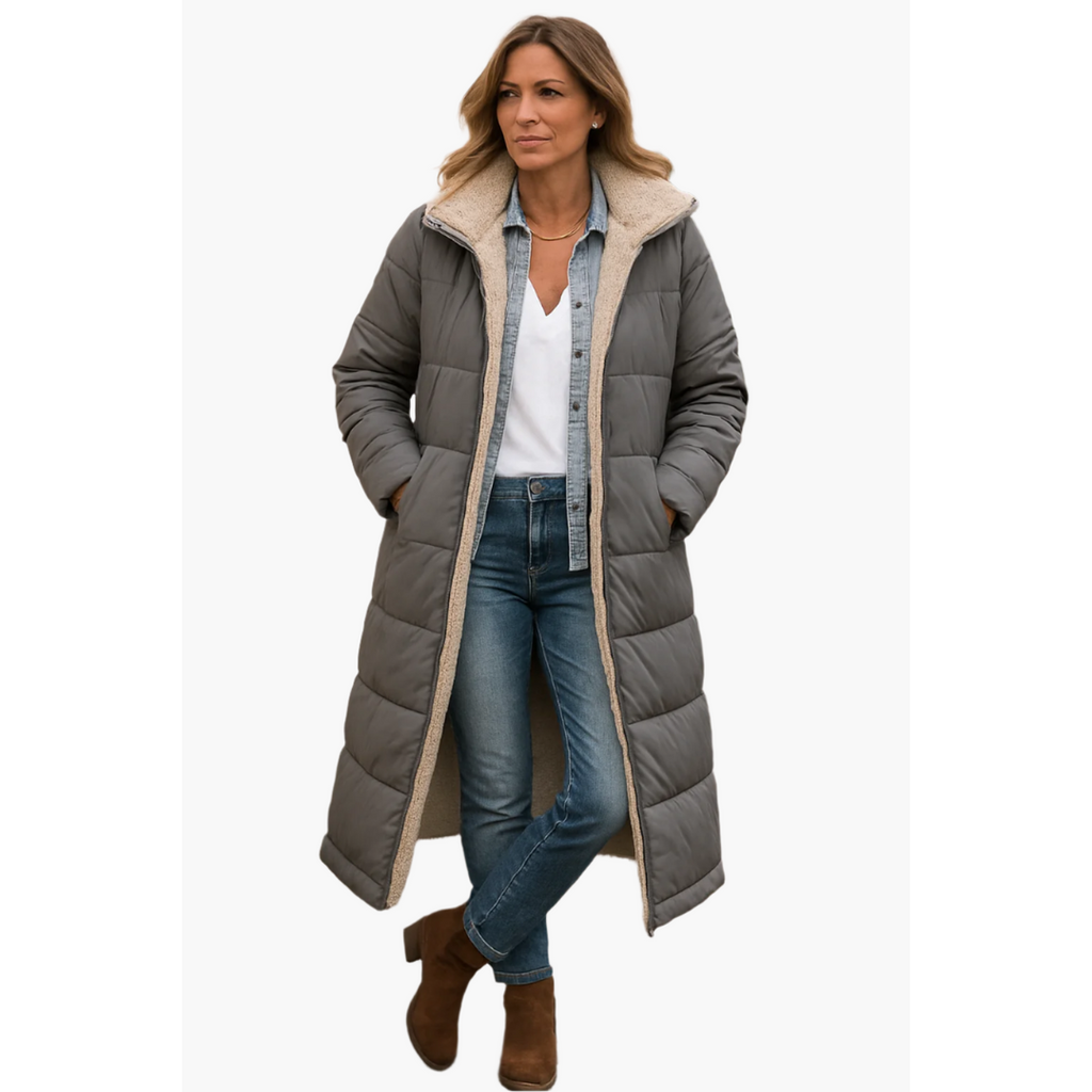 Women's grey long quilted puffer coat
