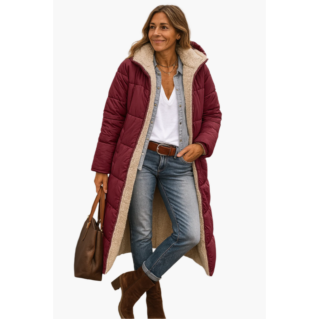 Women's burgundy long quilted puffer coat