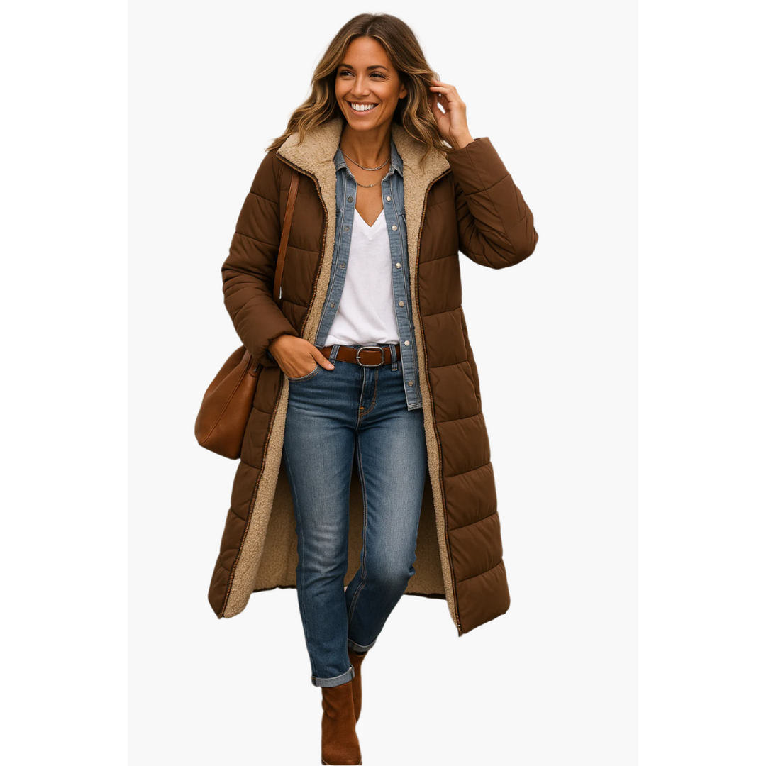 Women's brown long puffer coat with teddy-lined hood