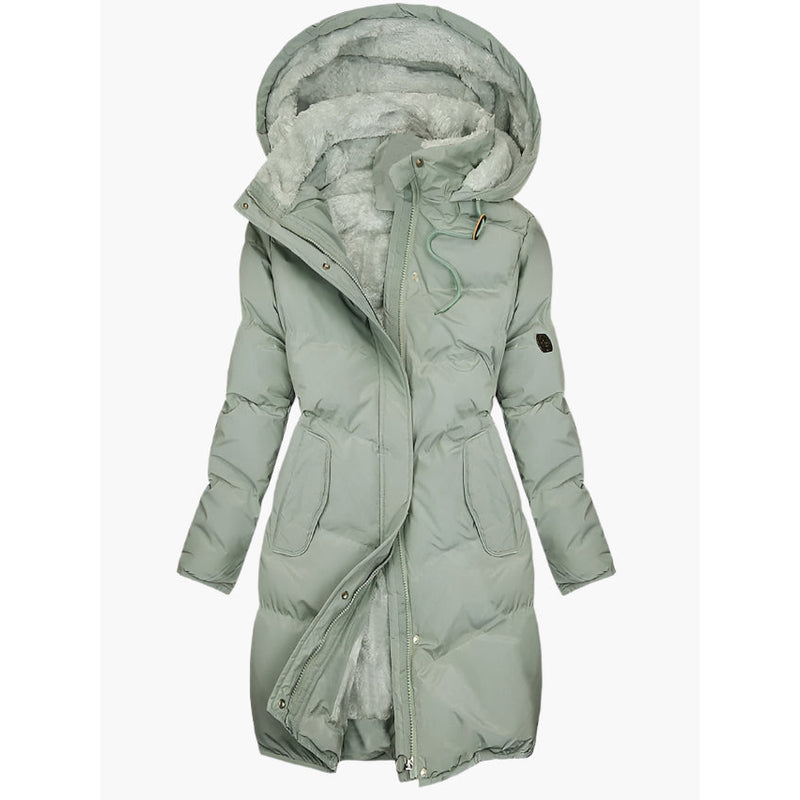 Women's long hooded winter coat with faux fur trim in green