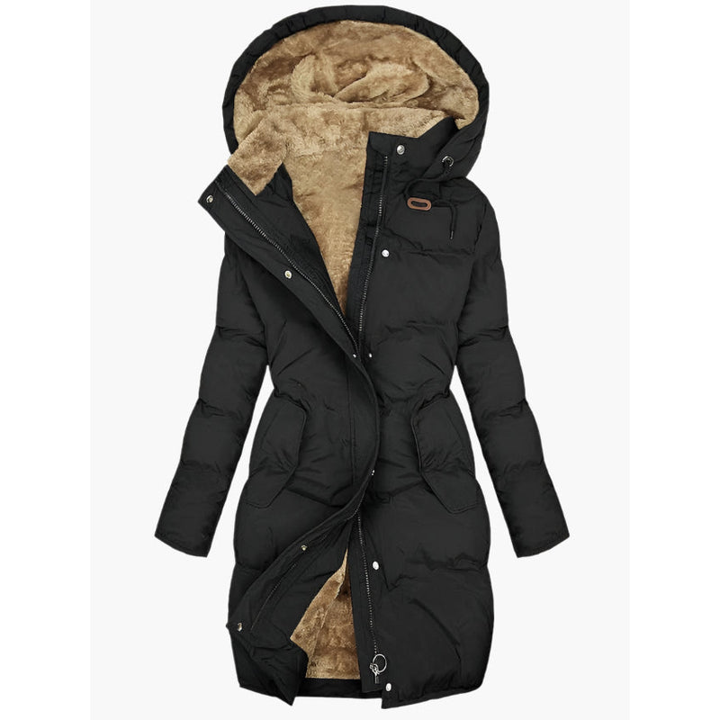 Women's long hooded winter coat with faux fur trim in black