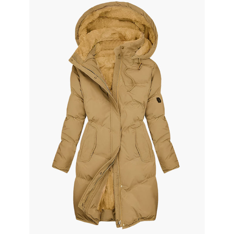 Women's long hooded winter coat with faux fur trim in yellow